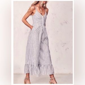 Edeline Jumpsuit in Ivory & Blue by LoveShackFancy